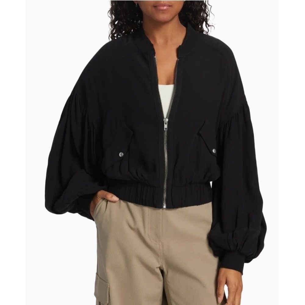 Free People On Pointe Womens M Black Bomber Jacket Dropped Shoulder Oversized
